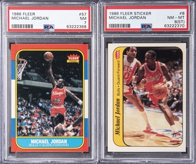 1986/87 Fleer Basketball Complete Set (132) Plus Complete Stickers Set (11) – Including #57 Michael Jordan Rookie Card Graded PSA NM 7
